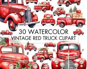 Watercolor Christmas Truck Clipart: Vintage Red PNG Bundle (Digital Download)