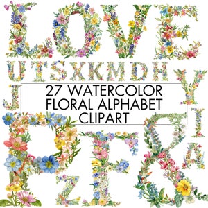 Alfabeto floral en acuarela, clipart de alfabeto de flores silvestres y ampersand, alfabeto floral PNG, descarga instantánea, letras florales