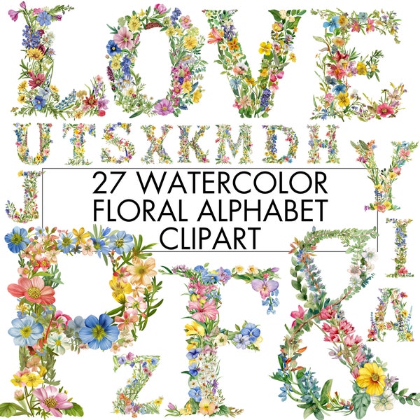 Watercolor Floral Alphabet Clipart, Wildflower Alphabet and Ampersand Clipart, Floral Alphabet PNG, Instant Download, Floral Letters