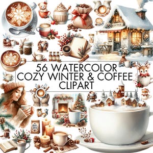 Paquete de imágenes prediseñadas de acuarela acogedora de invierno y café para amantes del café, café acogedor PNG, cafetería, grano de café, imágenes prediseñadas de taza, descarga digital