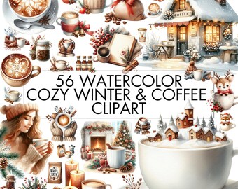 Watercolor Winter Coffee Clipart: Cozy Season PNG Bundle (Digital Download)