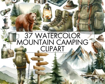 Watercolor Mountain Camping Clipart Bundle: 37 PNG Files (Digital Download)