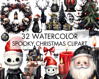 Spooky Christmas Clipart Bundle: Watercolor Dark Holiday PNG (Digital Download)