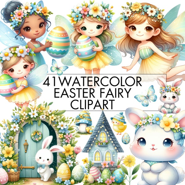 Watercolor Easter Fairy Clipart Bundle, Cute Easter Fairy Clipart, Easter Fairy Garden Door, Easter Egg, Easter Bunny, Commercial Use PNG