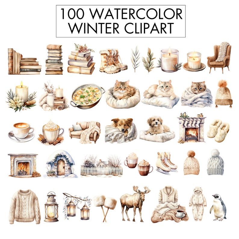 May include: 100 Watercolor Winter Clipart featuring illustrations of cosy winter scenes, animals, and objects.  Includes images of books, candles, fireplaces, cats, dogs, a moose, a penguin, and more.
