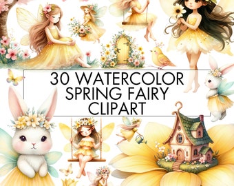 Watercolor Spring Fairy Clipart Bundle: 30 PNG Files (Commercial Use)