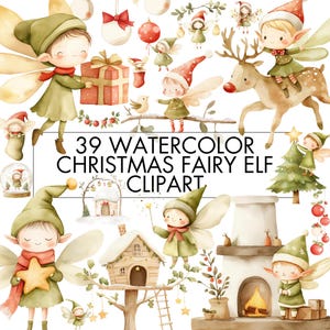 Paquete de imágenes prediseñadas de elfos navideños, lindos elfos navideños PNG, elfos navideños de acuarela para decoración de sublimación de tarjetas, uso comercial