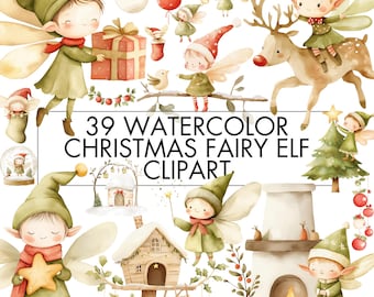 Watercolor Christmas Elf Clipart Bundle: 39 PNG Files (Commercial Use)