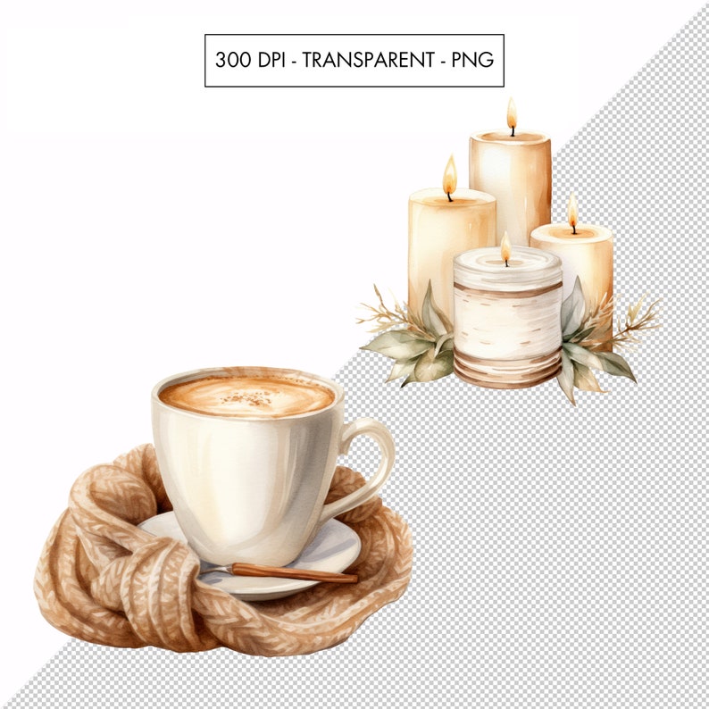 May include: A cup of coffee with a cinnamon stick on a knitted scarf with four candles in the background. The candles are in glass jars with a birch bark design.