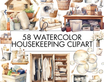 Watercolor Housekeeping Clipart Bundle: 58 PNG Files (Commercial Use)