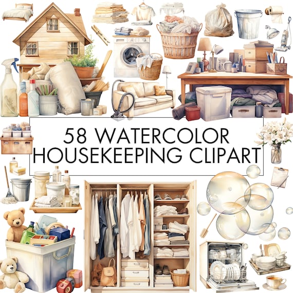 Watercolor Housekeeping Clipart Bundle: 58 PNG Files (Commercial Use)