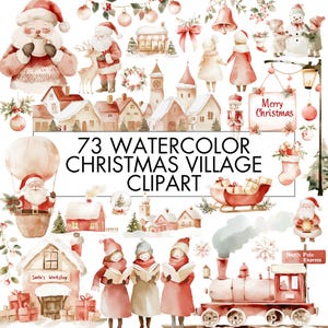 Watercolor Christmas Village Clipart, Santa Village Png, Cute Winter Animals, Sleigh, Ornaments, Wreaths for Neutral Christmas Decorations