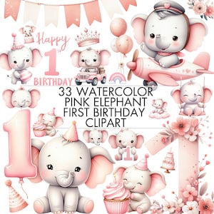 Różowy słoń pierwsze urodziny clipart pakiet, akwarela dziewczynka słoń PNG do DIY 1 urodziny, zaproszenie na baby shower, dekoracja, znak