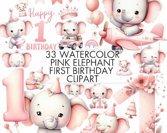 May include: A set of 33 watercolor pink elephant illustrations for a first birthday. The illustrations include elephants in various poses, including flying in a plane, riding in a jeep, and holding a cupcake. There are also balloons, flowers, and a number one.