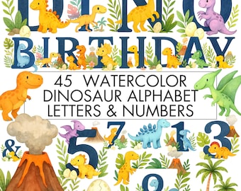 Watercolor Dinosaur Alphabet Clipart: Dino Letters & Numbers PNG (Digital Download