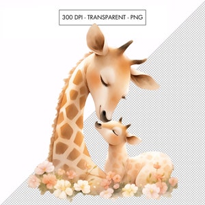 May include: A watercolor illustration of a mother giraffe and her baby giraffe. The mother giraffe is leaning down to nuzzle her baby. They are surrounded by pink and white flowers.