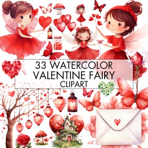 Bundle de cliparts fée Saint-Valentin, clipart fée Saint-Valentin, aquarelle Saint-Valentin Clipart, clipart jardin féerique Saint-Valentin, PNG