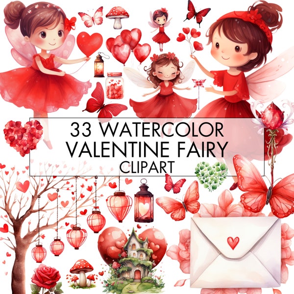 Valentine's Day Fairy Clipart Bundle, Fairy Valentine Clipart, Watercolor Valentine's Day Clipart, Valentines Day Fairy Garden Clipart, PNG