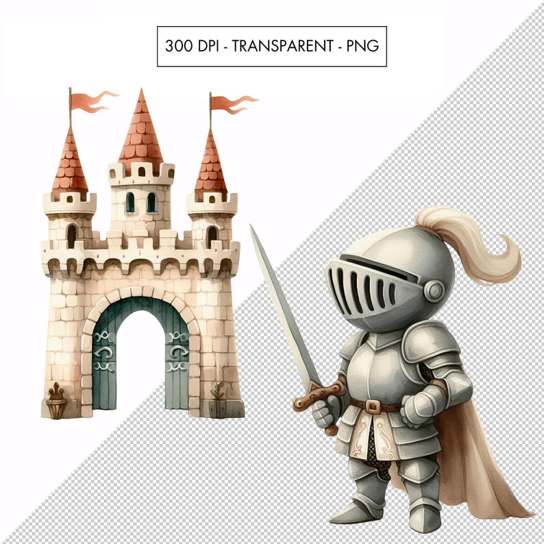 Puede incluir: Una ilustraci&oacute;n de dibujos animados de un caballero con armadura plateada sosteniendo una espada, de pie frente a un castillo de piedra con una gran puerta arqueada. El castillo tiene techos rojos y banderas.