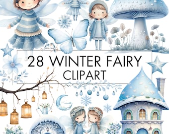 May include: A set of 28 winter fairy clipart images. The images feature fairies, mushrooms, houses, snowflakes, and other wintery elements. The images are all in a watercolor style and are perfect for adding a touch of whimsy to your projects.