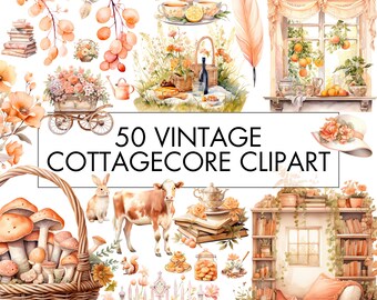 Aquarel Vintage Cottagecore-clipartbundel: 50 png-bestanden (commercieel gebruik)