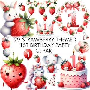 Erdbeere ersten Geburtstag Clipart Bundle, Aquarell Erdbeere PNG, ersten Geburtstag Clip Art, 1. Geburtstag Dekor, Einladung, Sublimation
