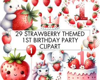 Watercolor Strawberry First Birthday Clipart Bundle: Invitation & Sublimation (PNG Digital Download)