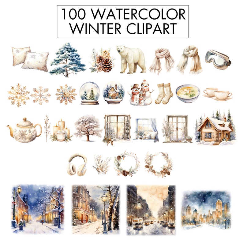 May include: A set of 100 watercolour winter clipart images. The images include snowmen, snowflakes, pine trees, houses, windows, a teapot, candles, a snow globe, a bowl of soup, a pair of mittens, a scarf, a pair of goggles, and more.