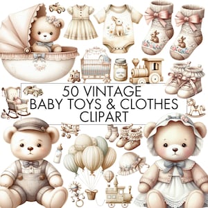 Vintage Baby Spielzeug und Kleidung Clipart Bundle, Teddybär, Holzspielzeug Clip Art, Boho Kindergarten Png, Neutral Kinderzimmer Clipart, kommerzielle Nutzung