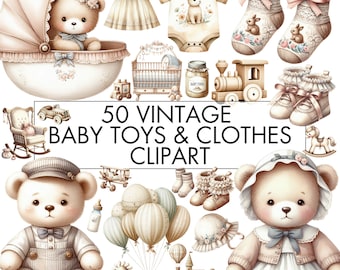 Vintage Baby Clipart Bundle: Teddy Bear, Toys, Clothes (PNG, Commercial Use)