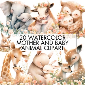 Aquarell Mutter und Baby Tier Clipart, Mutter Tag Clipart, süße Tiere, Waldtiere, Baby Dusche Clipart, Mama und Baby Clipart
