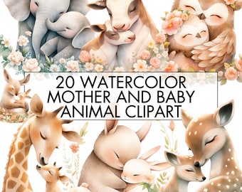 Watercolor Mother & Baby Animal Clipart: Woodland PNG Bundle (Digital Download)