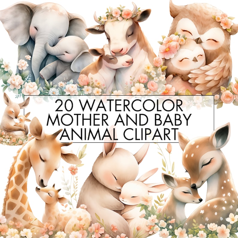 May include: A set of 20 watercolor illustrations featuring mothers and babies of various animals, including a cow, deer, giraffe, elephant, owl, and rabbit. The illustrations are surrounded by delicate pink flowers.