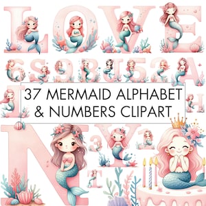 Bundle de cliparts Alphabet sirène, PNG de l'Alphabet sirène rose, Alphabet de A à Z, 0 à 9, chiffres ABC roses aquarelle, téléchargement numérique