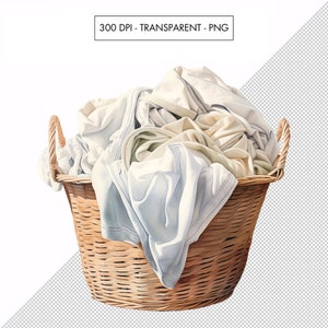 Op de afbeelding: Een rieten wasmand gevuld met witte en cr&egrave;mekleurige stof. De mand is gemaakt van geweven riet en heeft twee handvatten.