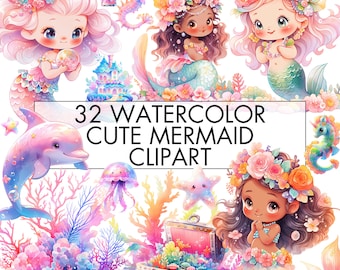 Mermaid Clipart Bundle, Watercolor Cute Mermaid Clipart, Cute Sea Animals PNG, Mermaid House, Sea Horse,  Transparent, Commercial Use, Png
