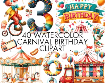 Carnival Birthday Party Clipart: 40 PNG Graphics (Digital Download)