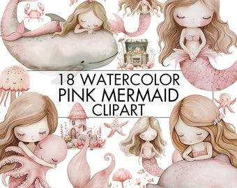 Puede incluir: Un conjunto de 18 ilustraciones de acuarela con sirenas rosas de cabello largo y fluido, conchas marinas y otros elementos de temática oceánica. Las ilustraciones son perfectas para crear invitaciones, tarjetas y otras manualidades.