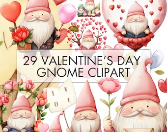 Watercolor Valentine Gnome Clipart Bundle: Romantic PNG Images (Commercial Use)