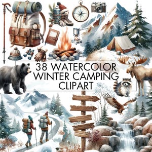 Paquete de imágenes prediseñadas de acampada y senderismo de invierno en acuarela, montaña de acuarela, lago, fogata, animales de invierno, acampada, escena de invierno PNG Clipart