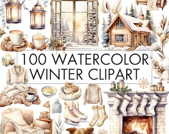 May include: Watercolor clipart set featuring winter scenes, including a cozy cabin, a fireplace, a window with a snowy view, a dog curled up in a blanket, a cat in a basket, and a variety of other winter-themed elements. The set includes 100 images.