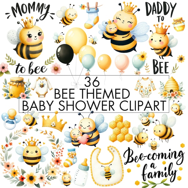 Bee Baby Shower Clipart Bundle, DIY Bee Baby Shower Invitation, DIY Decoration and Cake Toppers, Mama to Bee, Printable Digital Download PNG