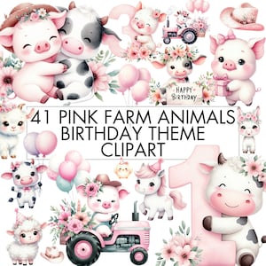 Ensemble de cliparts animaux de la ferme rose mignon pour anniversaire de filles, fête d'anniversaire animaux de la ferme PNG pour faire-parts, décorations, téléchargement immédiat