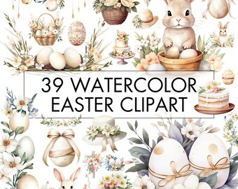 Watercolor Easter Clipart Bundle: Bunny, Eggs, Garland (PNG, Commercial Use)