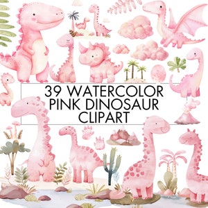 Clipart dinosauro rosa, pacchetto PNG acquerello Dino Clipart, PNG T-rex, clip art preistorica Girly Dino per decorazioni fai da te, invito, sublimazione