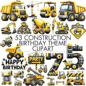 Baustelle Geburtstagsparty Clipart Bundle mit 0-9 Zahlen, LKW, Bulldozer, Aquarell Baufahrzeuge für Geburtstagsparty Dekor