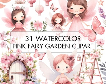 May include: A set of 31 watercolor illustrations featuring pink fairies, butterflies, flowers, and other garden elements. The illustrations are perfect for creating invitations, cards, and other craft projects.