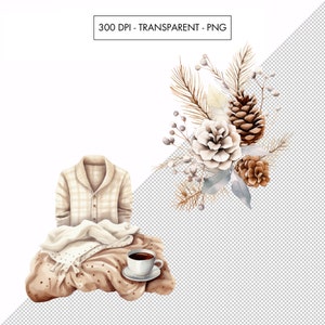 May include: A watercolour illustration of a cosy winter scene with a plaid shirt, a blanket, and a cup of coffee. The scene is decorated with pine cones and branches.