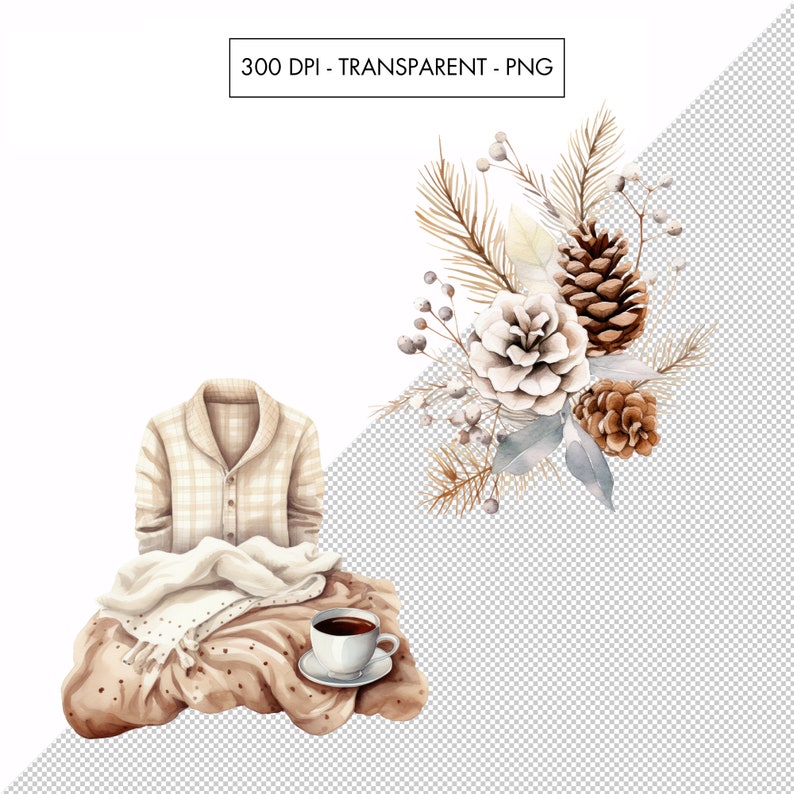 May include: A watercolour illustration of a cosy winter scene with a plaid shirt, a blanket, and a cup of coffee. The scene is decorated with pine cones and branches.