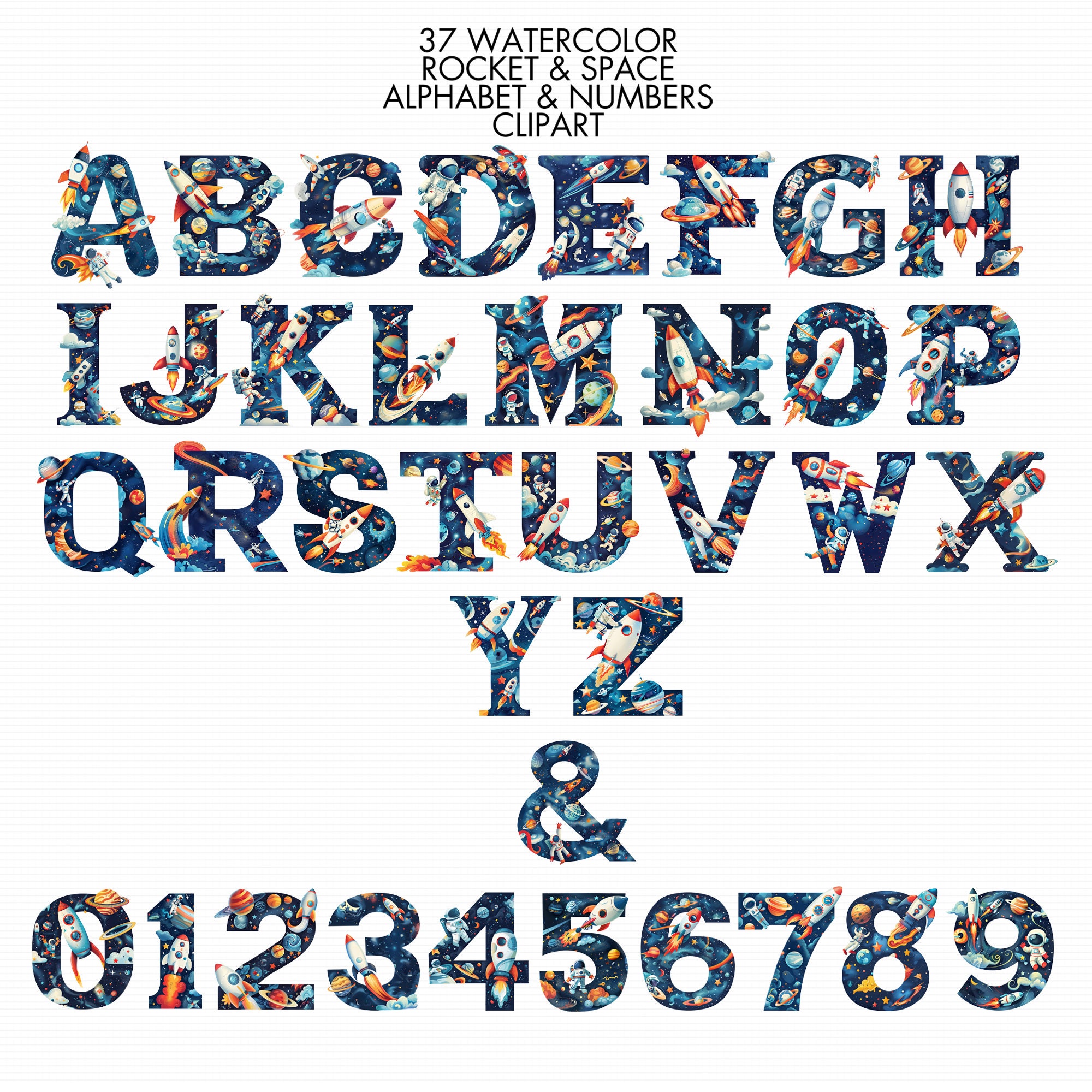 Watercolor Space Alphabet Clipart: Rocket & Astronaut Letters (digital ...